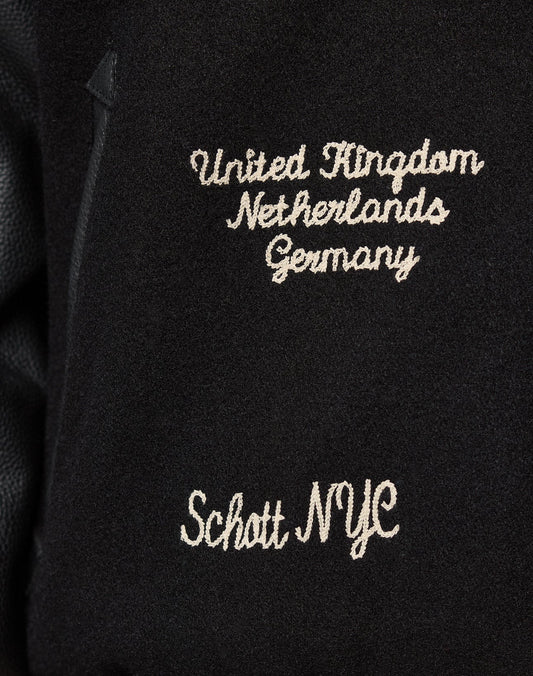 The LFDY x Schott NYC Varsity Jacket by LIVE FAST DIE YOUNG features black fabric with white embroidery of United Kingdom, Netherlands, and Germany above Schott NYC—ideal for a limited edition look.