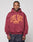 A person wears the LIVE FAST DIE YOUNG Live Fast Stallion Hooded, an oversize maroon hoodie with yellow LIVE FAST and running horses on the front, made from soft cotton and polyester, standing against a light gray background.