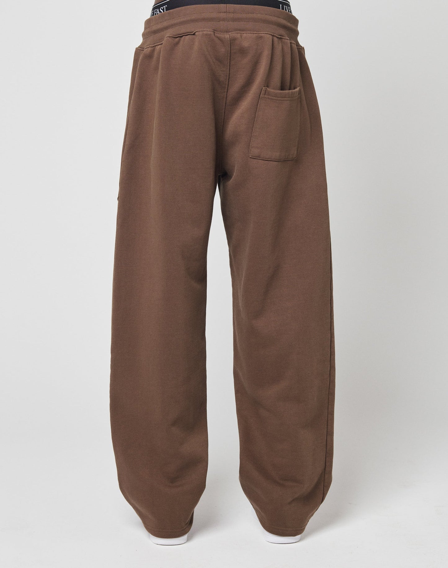 The Basic Wide Jogger by LIVE FAST DIE YOUNG is a brown, wide-legged sweatpant with a broad elastic waistband and single back patch pocket, displayed from the rear on a plain white background.