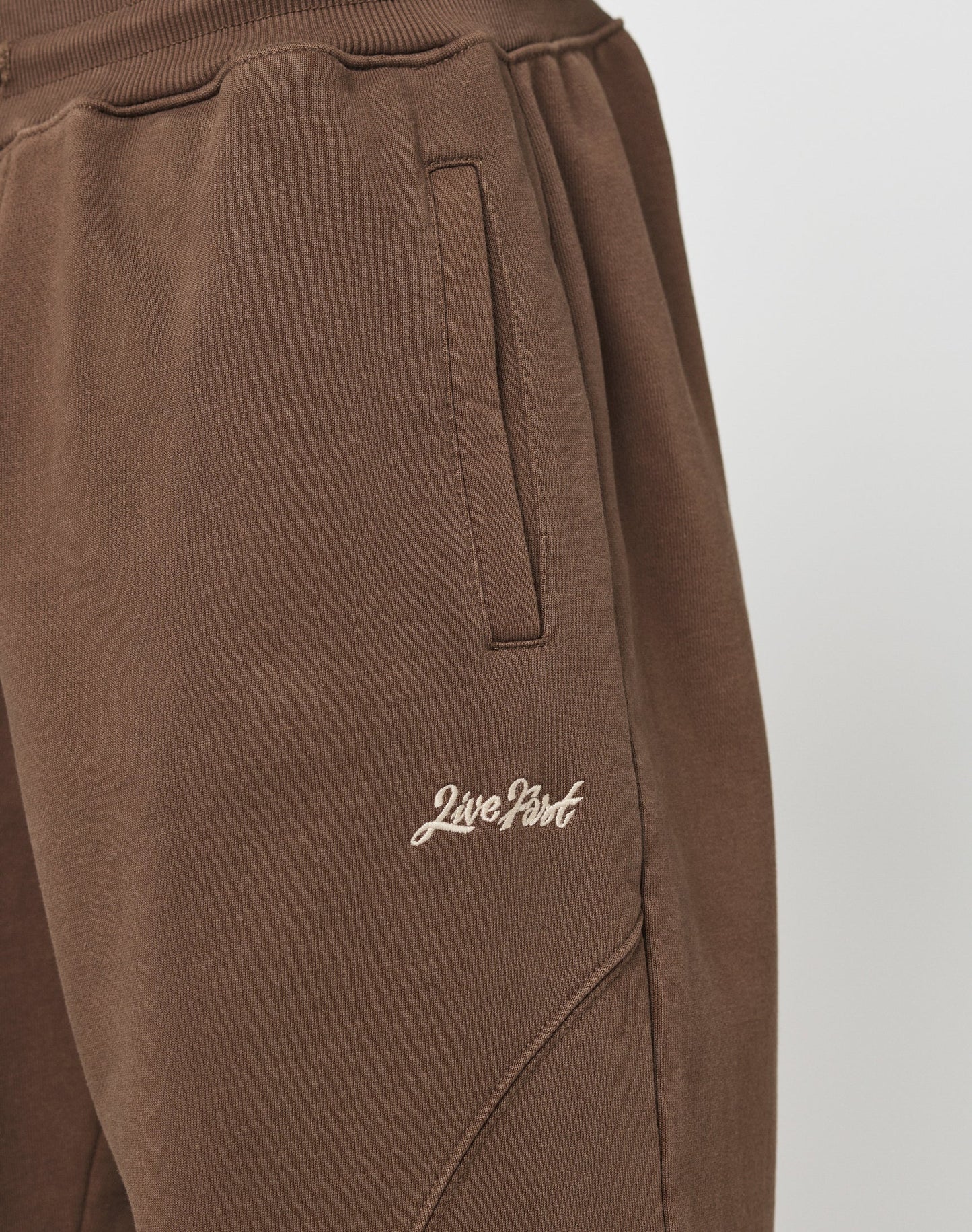 Close-up of the Basic Wide Jogger by LIVE FAST DIE YOUNG featuring brown fabric, a wide elastic waistband, vertical front pocket, wide fit, and white Live Fast embroidery near the hip.