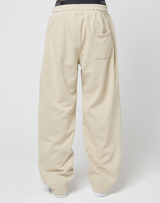 A person wearing LIVE FAST DIE YOUNG Basic Wide Jogger in beige wide fit, featuring a single back pocket and partially visible black Elastikbund waistband, shown from behind against a plain white background.