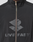 A close-up of the black LFDY Dealership Trackjacket by LIVE FAST DIE YOUNG, featuring a Regular Fit, silvery zipper, Stehkragen style, bold geometric logo, and gray "LIVE FAST" text across the chest.