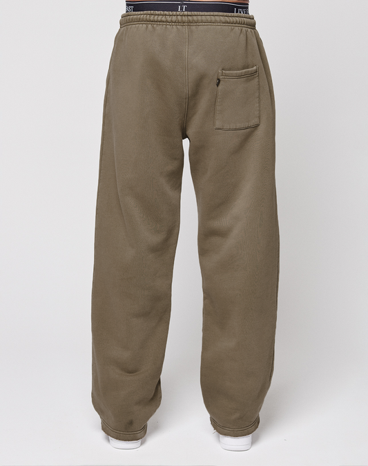 A person wears the LIVE FAST DIE YOUNG Live Fast Rhinestone Jogger, featuring loose olive fabric, an oversize fit, elastic waistband, and single back pocket, standing against a plain white background.