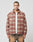 A man faces forward wearing the LIVE FAST DIE YOUNG Vintage Padded Flannel in red and beige plaid over a white shirt and brown pants, set against a plain light gray background.