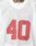 Close-up of the LFDY Mesh Jersey by LIVE FAST DIE YOUNG, a white oversized polyester sports jersey with red number 40, mesh fabric, and LFDY branding at the neckline.