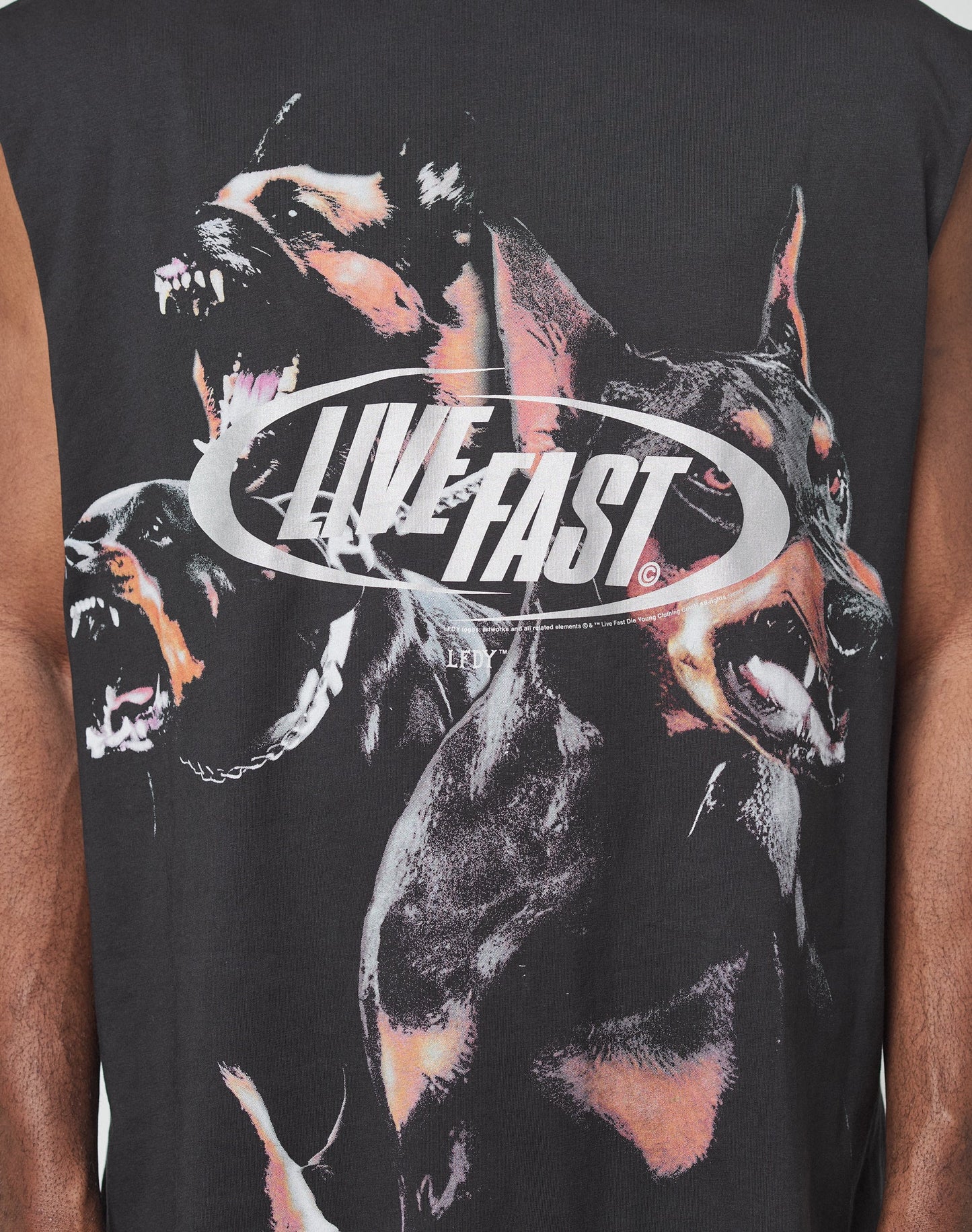 The image displays the back of the LFDY Canine Muscle Shirt by LIVE FAST DIE YOUNG—an oversized, sleeveless black top in 100% Baumwolle, featuring three fierce dogs and a bold white LIVE FAST logo across the center.