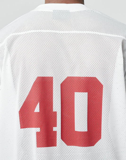 The LIVE FAST DIE YOUNG LFDY Mesh Jersey features a classic V-Ausschnitt, 100% polyester construction, white mesh design, and bold red number 40 on the back.