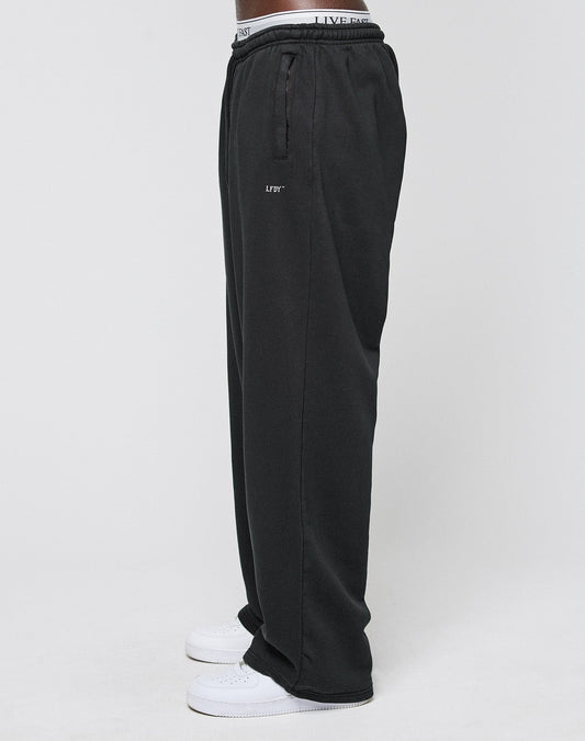 A person standing sideways against a plain light background wears the Basic Wide Jogger by LIVE FAST DIE YOUNG, featuring a black wide fit, LIFY logo on the thigh, elastic waistband with LIVE FAST text, and paired with white sneakers.