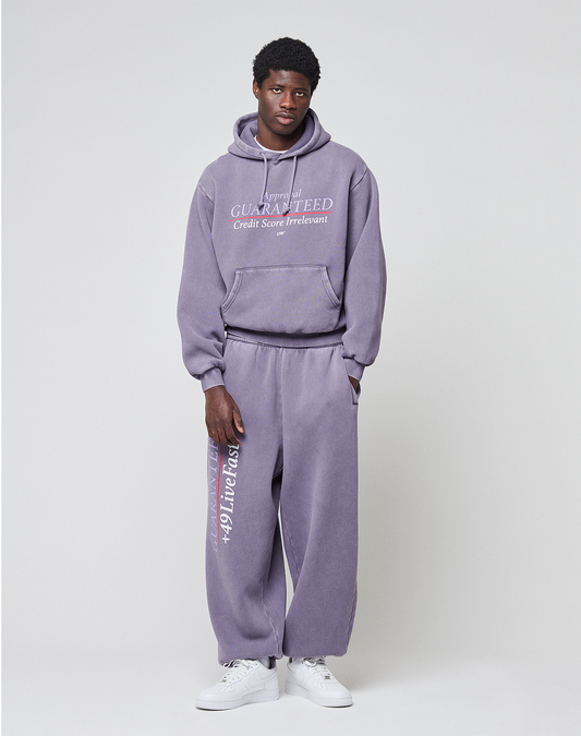 A young man wears the LIVE FAST DIE YOUNG LFDY Hotline Loose Jogger with Elastikbund and Print am Bein, paired with a lavender hoodie and white sneakers, standing against a plain background and looking at the camera neutrally.