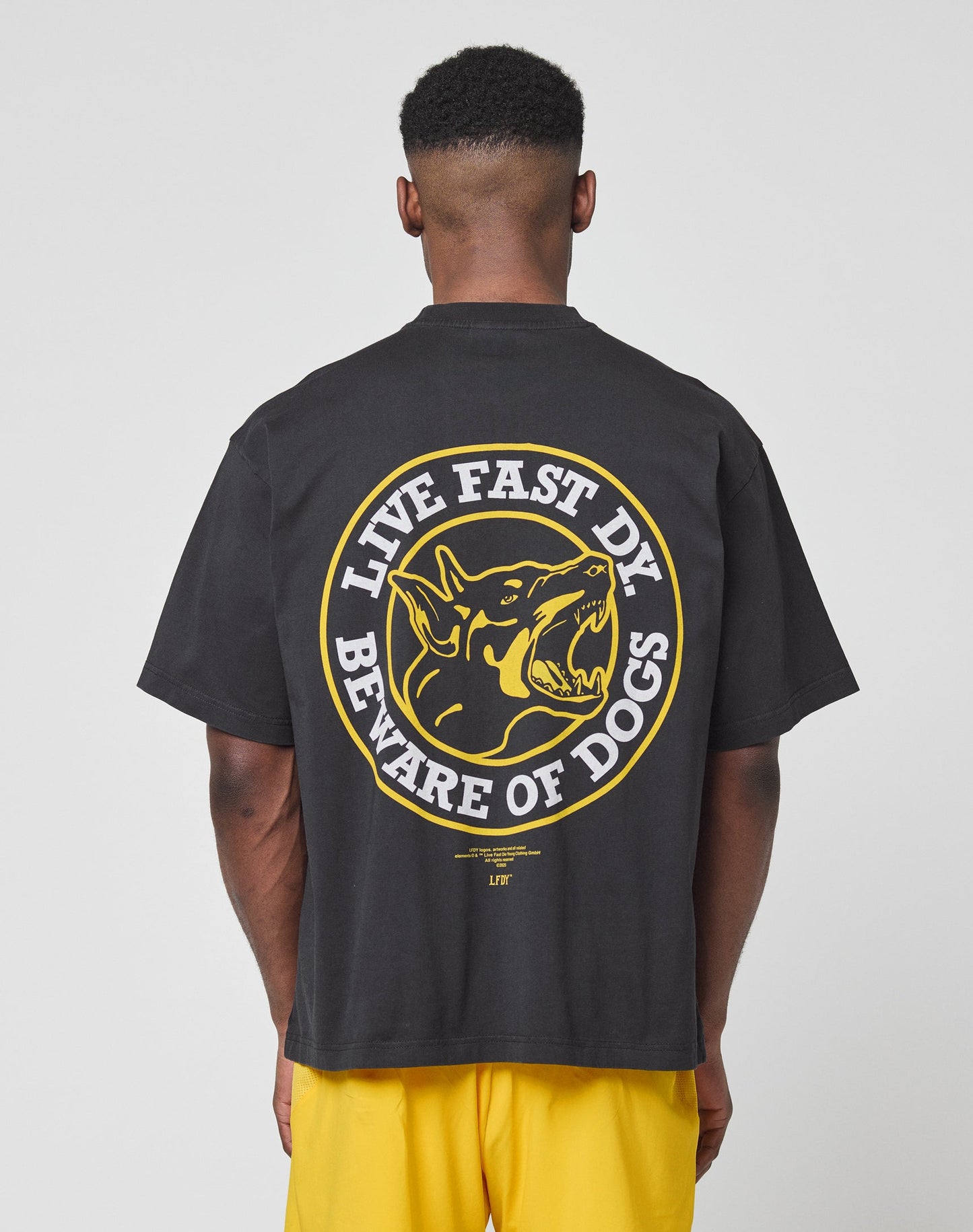 A person faces away from the camera, wearing the LIVE FAST DIE YOUNG LFDY Circle Dog Tee—an oversized black vintage-washed t-shirt with a large yellow and white snarling dog graphic and LIVE FAST DY BEWARE OF DOGS on the back. | model