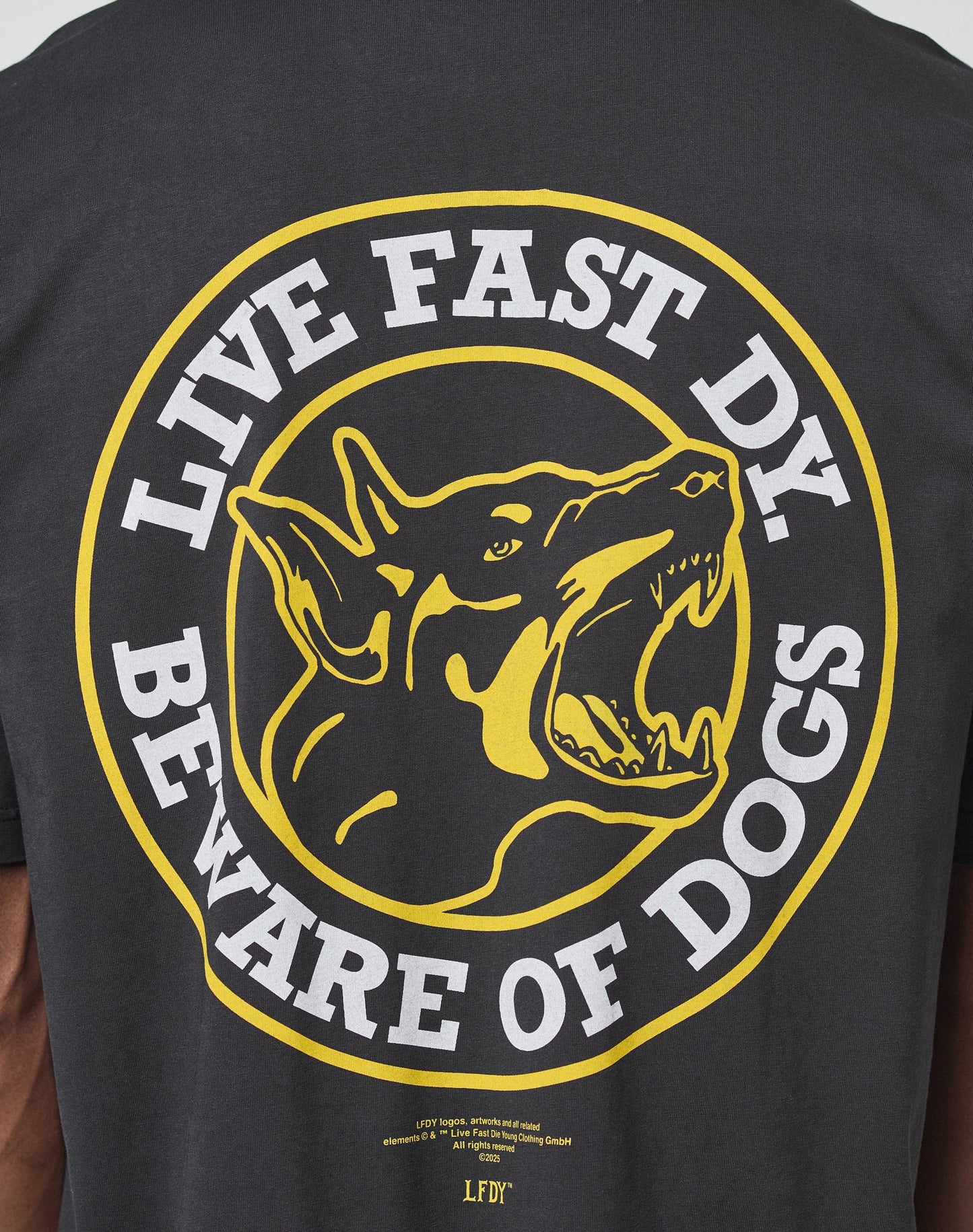 The LFDY Circle Dog Tee by LIVE FAST DIE YOUNG features a graphic of a snarling dog in a yellow circle and bold “LIVE FAST D*Y BEWARE OF DOGS” text on black, oversize fit, 100% Baumwolle with vintage wash.