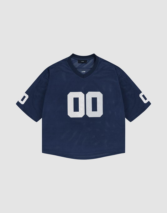 The LFDY Mesh Jersey by LIVE FAST DIE YOUNG is a navy blue short-sleeve sports top with white “00” on the front and sleeves, V-neck, oversize fit, and soft polyester material, shown laid flat on a light gray background. | plain
