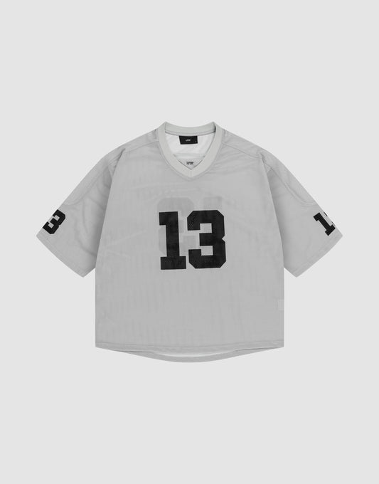The LFDY Mesh Jersey by LIVE FAST DIE YOUNG is a gray oversized polyester sports shirt with short sleeves, a V-Ausschnitt collar, and bold black number 13 on the front and left sleeve. | plain