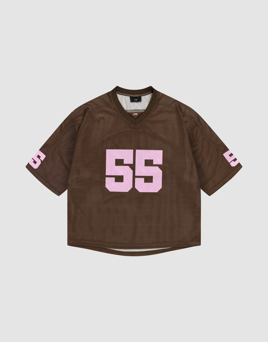 The LFDY Mesh Jersey by LIVE FAST DIE YOUNG is a brown polyester sports top with an oversized fit, showcasing the number 55 in bold pink print on the front and sleeves, shown against a plain white background. | plain