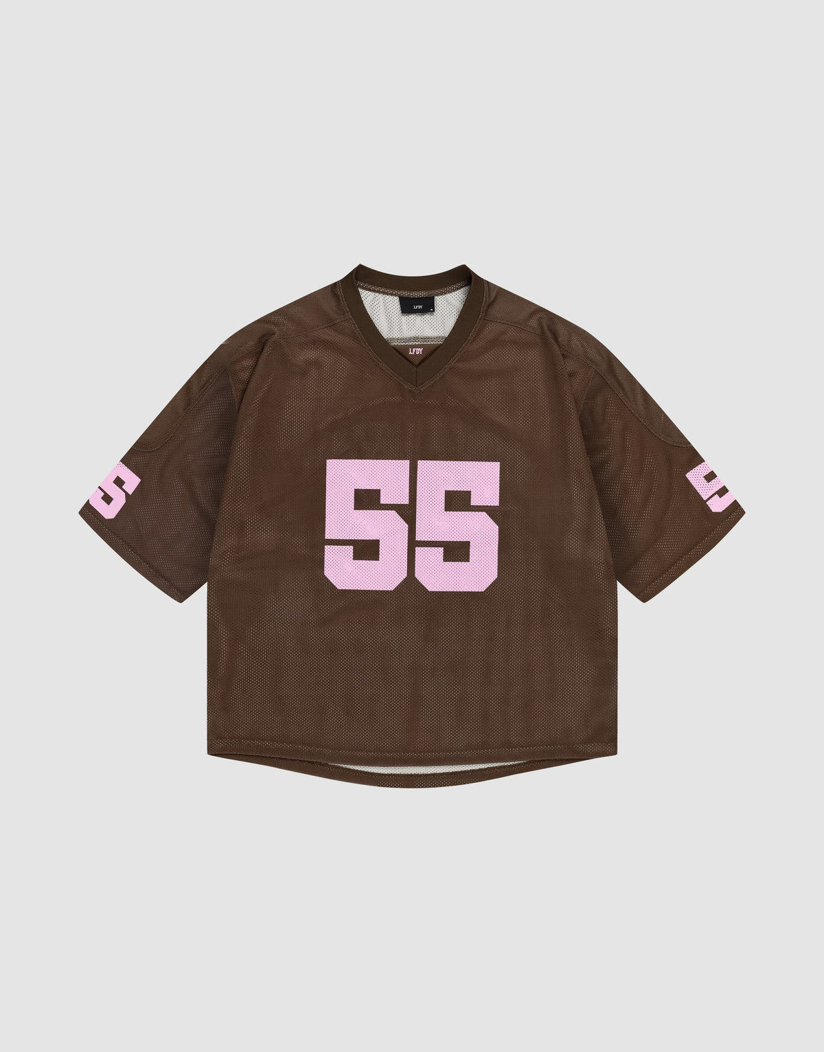 The LFDY Mesh Jersey by LIVE FAST DIE YOUNG is a brown polyester sports top with an oversized fit, showcasing the number 55 in bold pink print on the front and sleeves, shown against a plain white background. | plain
