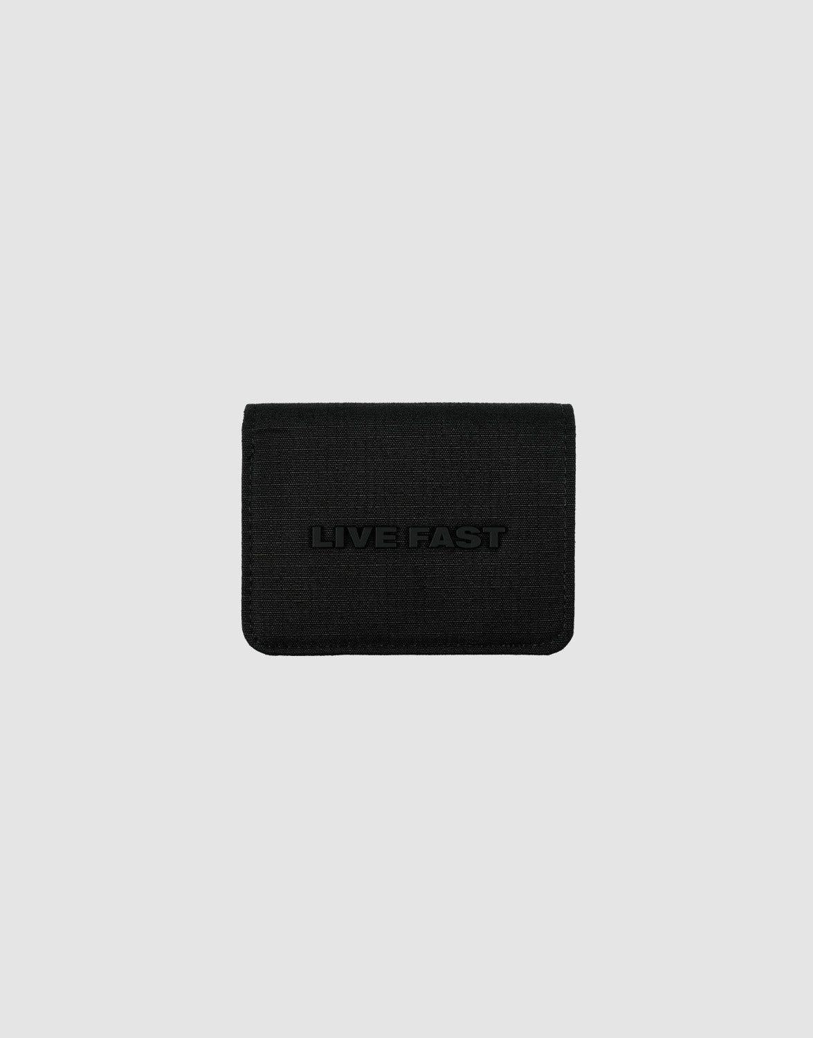 A black LFDY Cardholder by LIVE FAST DIE YOUNG features a textured surface, card slots, and "LIVE FAST" embossed on the front, shown against a plain light gray background.| plain 
