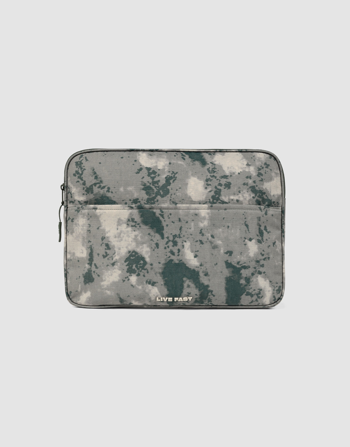The LFDY Laptop Case by LIVE FAST DIE YOUNG features a gray and green camouflage pattern, a front zip pocket, and a left-side zipper. "LIVE FAST" is printed in white near the bottom center.| plain