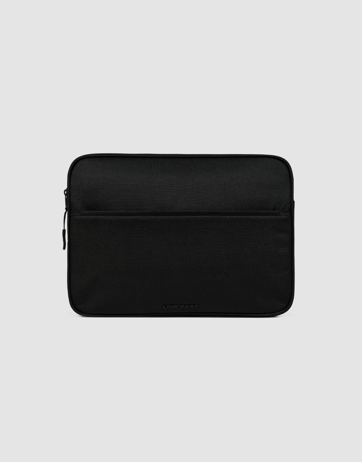 The LFDY Laptop Case by LIVE FAST DIE YOUNG is a black polyester sleeve with a front zippered pocket, shown on a light gray background. It showcases a simple, minimalist design.| plain