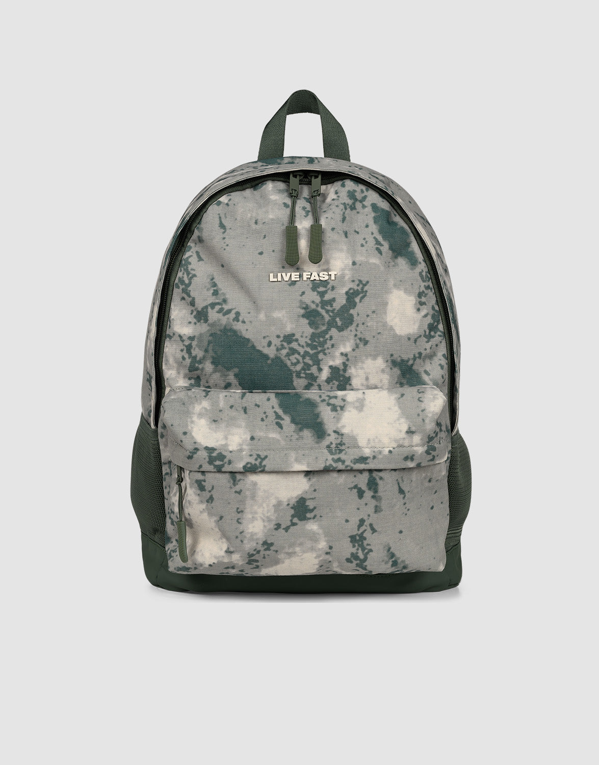 The LFDY Backpack by LIVE FAST DIE YOUNG is a gray-green camouflage 19L laptop rucksack with a large front pocket, black zippers, adjustable shoulder straps, and "LIVE FAST" printed near the top, shown against a plain light background.| plain 