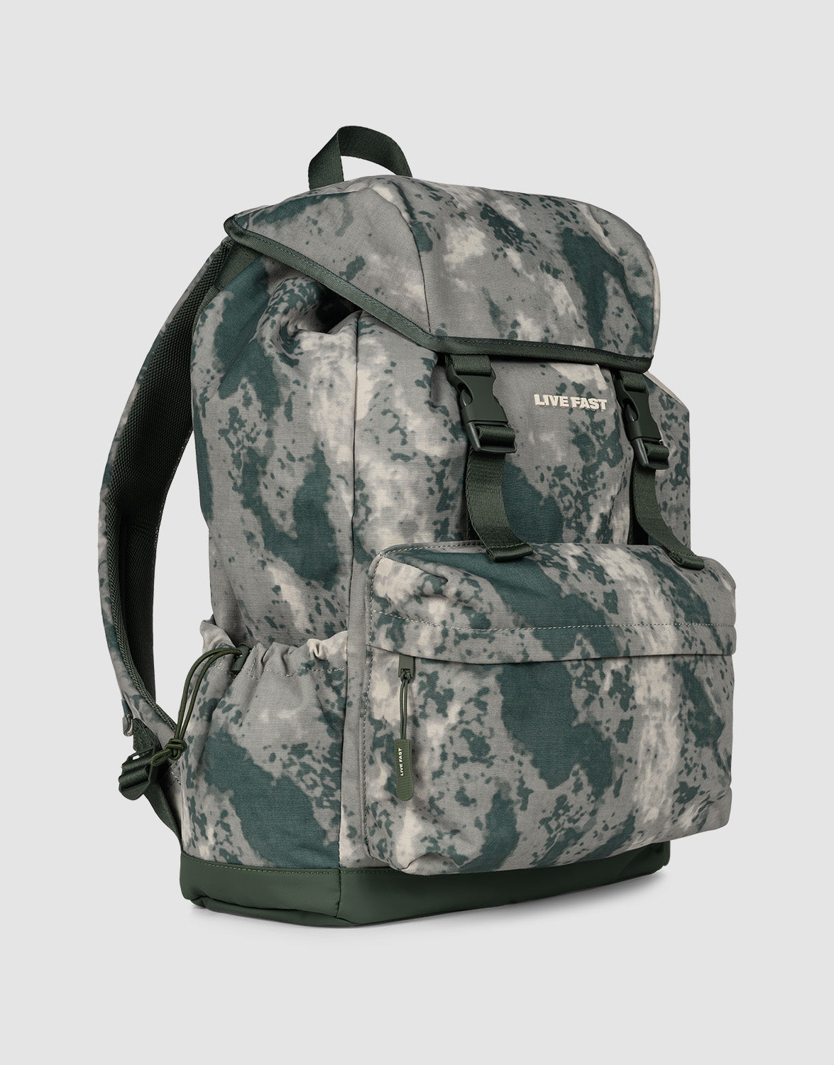 The LFDY Travel Backpack by LIVE FAST DIE YOUNG features a gray and green camo design, front zipper pocket, two buckled straps, side pockets, adjustable shoulder straps, "LIVE FAST" text on the flap, and holds up to 25 liters.