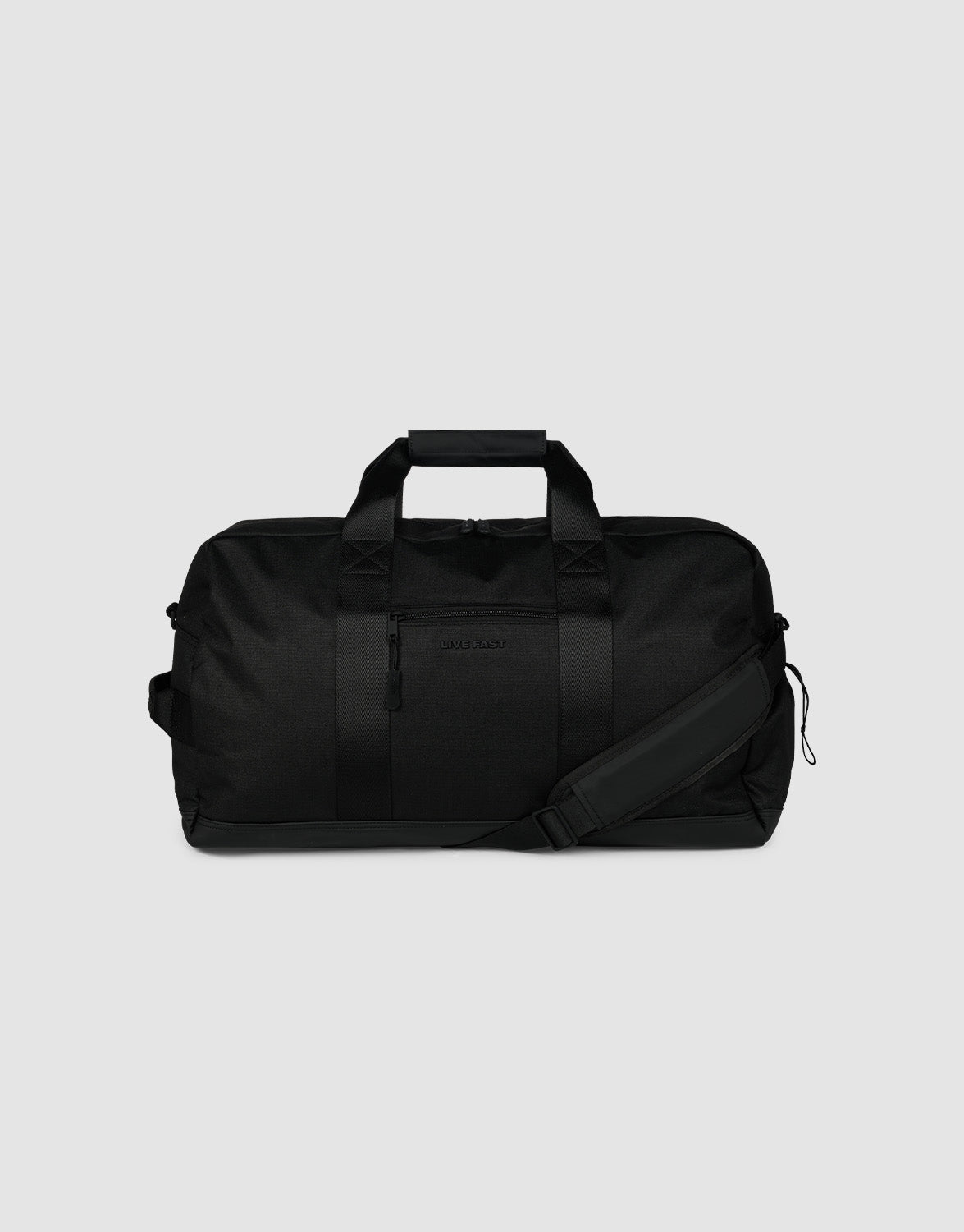 The LFDY Weekender 60 by LIVE FAST DIE YOUNG is a black 43L sport bag with dual carry handles, a removable shoulder strap, and a zippered main compartment, displayed against a plain light gray background.| plain 