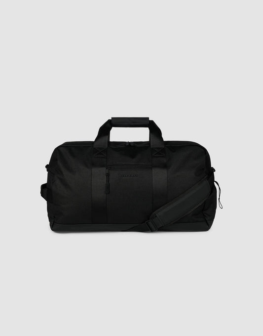 The LFDY Weekender 60 by LIVE FAST DIE YOUNG is a black 43L sport bag with dual carry handles, a removable shoulder strap, and a zippered main compartment, displayed against a plain light gray background.| plain 