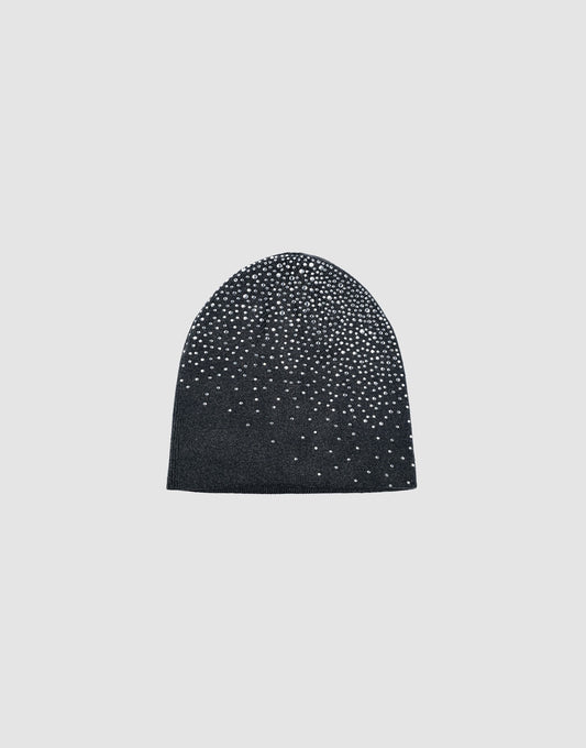 The LFDY Rhinestone Beanie by LIVE FAST DIE YOUNG is a black 100% Baumwolle knit hat, featuring small white rhinestones clustered densely at the top and spreading toward the bottom.