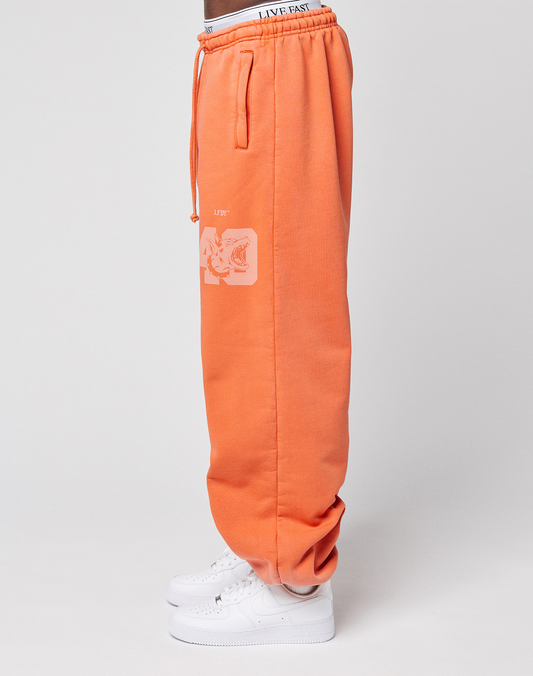 A person wears LIVE FAST DIE YOUNG’s LFDY 40 Wide Cuff Jogger—loose, bright orange pants with “LFTF” side print, Druck auf dem Bein, seitliche Eingrifftaschen, white sneakers, and an elastic waistband with “LIVE FAST”.