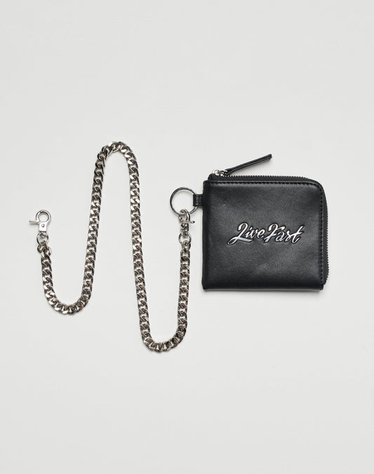 The Live Fast Wallet by LIVE FAST DIE YOUNG is a black leather zippered wallet with white embroidered Live Fast branding, attached to a silver chain with clip ends, shown on a white background.