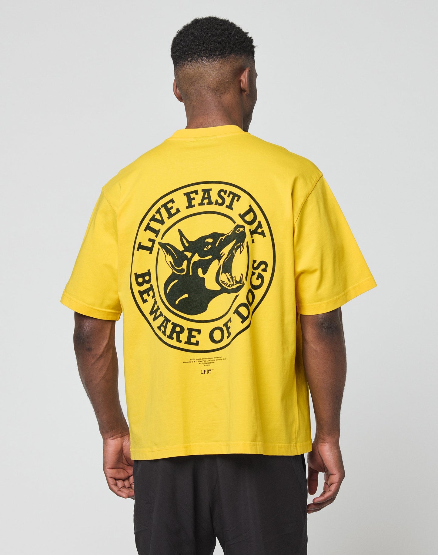 A person, facing away, wears the LIVE FAST DIE YOUNG LFDY Circle Dog Tee—an oversize fit, 100% Baumwolle yellow shirt in vintage wash with a large black snarling dog graphic and LIVE FAST DIE BEWARE OF DOGS on the back.