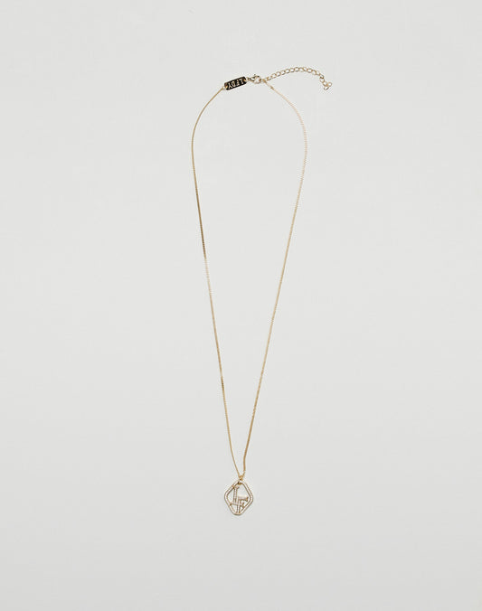 The LF Chain by LIVE FAST DIE YOUNG is a sleek, gold-plated sterling silver necklace with a geometric wireframe pendant set with zirconia stones and an adjustable clasp, shown on a plain white background.
