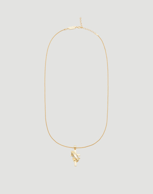 The LFDY Praying Chain by LIVE FAST DIE YOUNG features a gold box chain and a pendant with praying hands on a cross, shown against a light gray background.