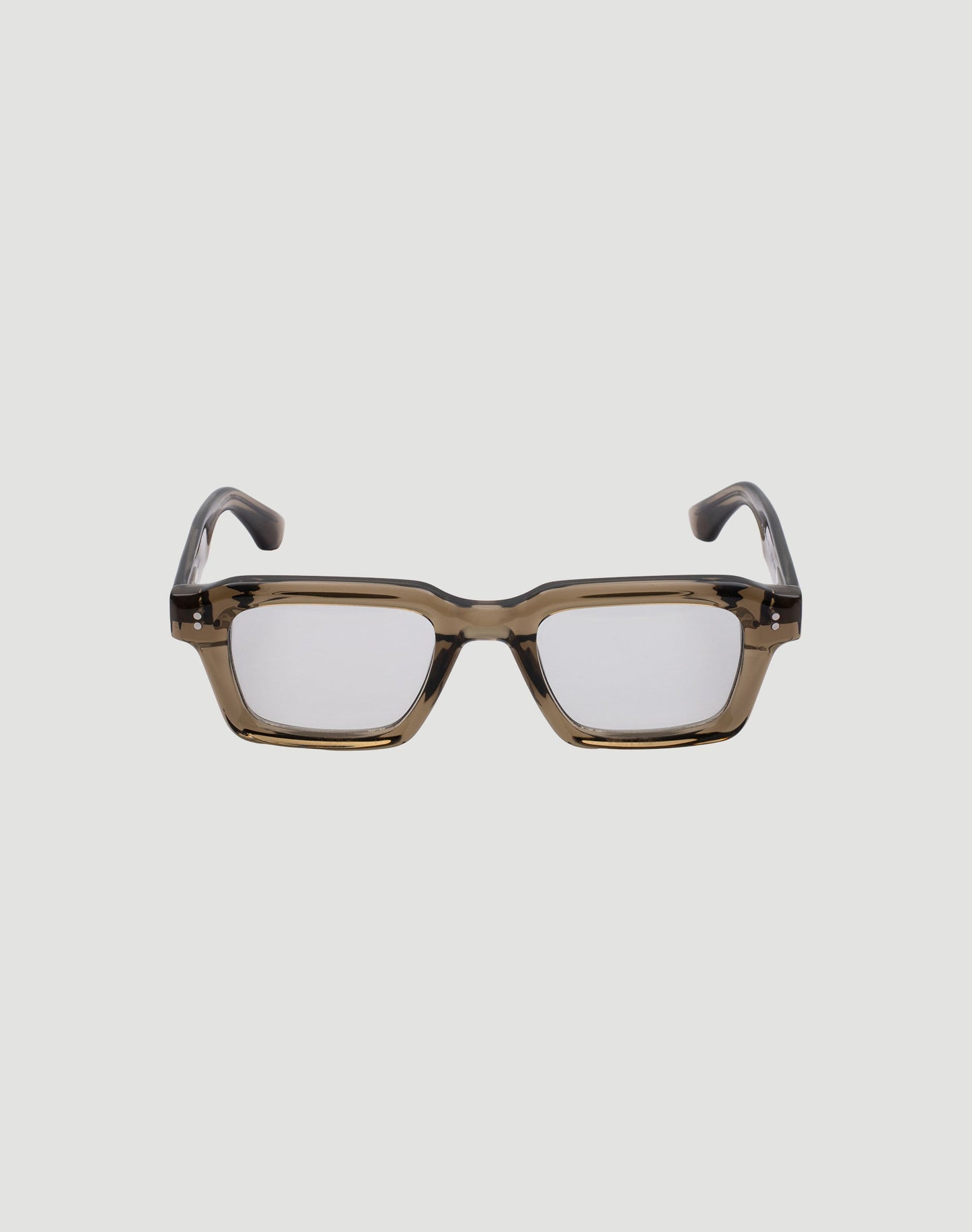 Front view of LFDY x Chimi Shades 03 by LIVE FAST DIE YOUNG: rectangular glasses with thick, translucent brown acetate frames and clear photochromic CR39 lenses, set against a plain white background.