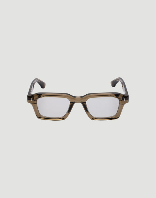Front view of LFDY x Chimi Shades 03 by LIVE FAST DIE YOUNG: rectangular glasses with thick, translucent brown acetate frames and clear photochromic CR39 lenses, set against a plain white background.