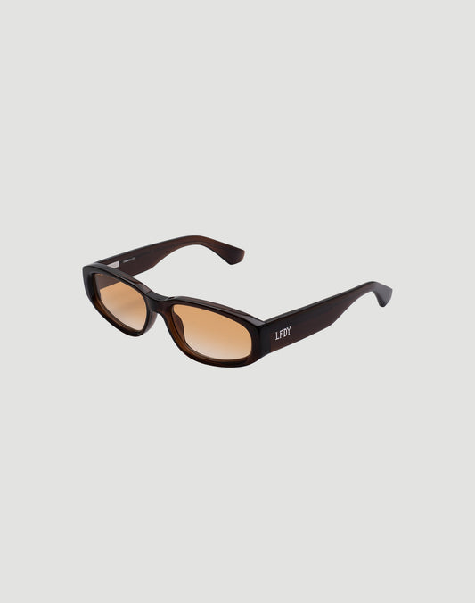 The LFDY x Chimi Shades 09 by LIVE FAST DIE YOUNG are dark brown rectangular acetate sunglasses with brown-tinted CR39 lenses, LFDY branding on thick arms, and UV protection, shown against a plain light background.