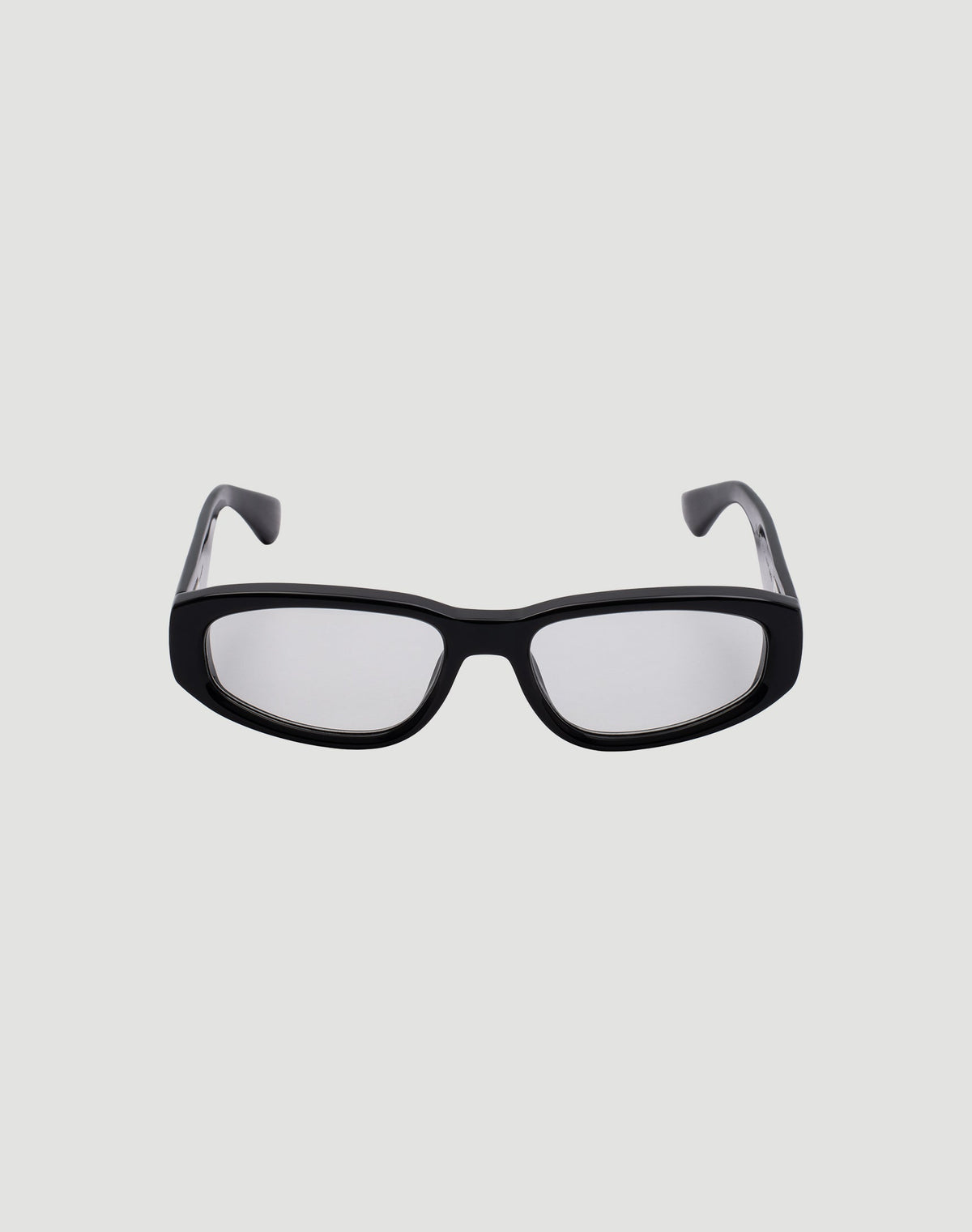 Front view of LIVE FAST DIE YOUNG LFDY x Chimi Shades 09, black rectangular frame with clear photochromic lenses offering UV protection, displayed on a plain light gray background.