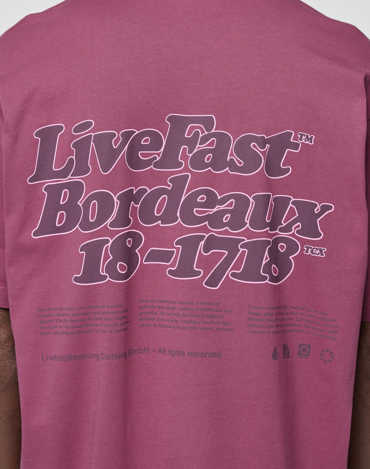 A close-up of the back of a mauve Basic 210 Tee by LIVE FAST DIE YOUNG, featuring bold "LiveFast Bordeaux 18-1718" lettering and smaller company and care info below. Made from 100% Baumwolle.