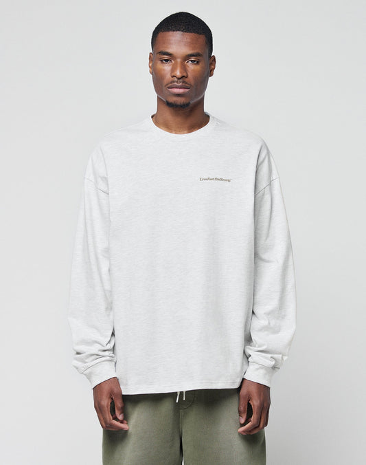 A man with short hair wears the LIVE FAST DIE YOUNG Basic Longsleeve, a light gray, logo-print, oversize sweatshirt, paired with olive green pants, standing against a plain light background. | model
