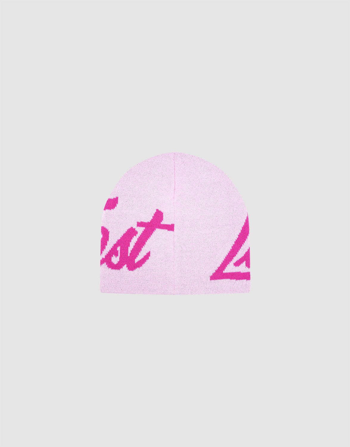 A light pink LFDY Jacquard Beanie by LIVE FAST DIE YOUNG features bold, cursive dark pink lettering, partially visible on a plain gray background. Model: LF2510-18713.