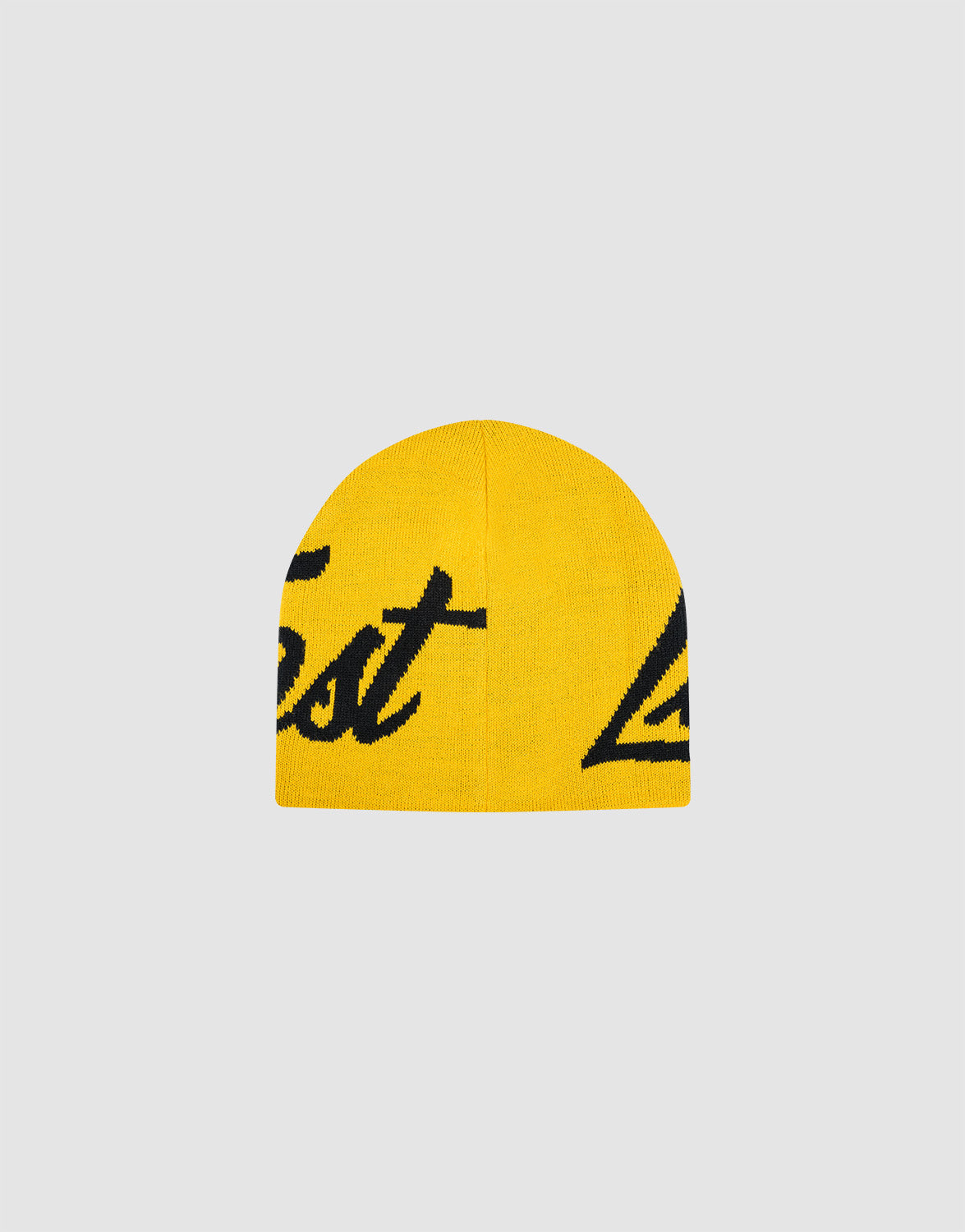 The LFDY Jacquard Beanie by LIVE FAST DIE YOUNG, model LF2510-18714, is a yellow Polyacryl knit with partial black cursive logo, photographed on a plain light gray background.