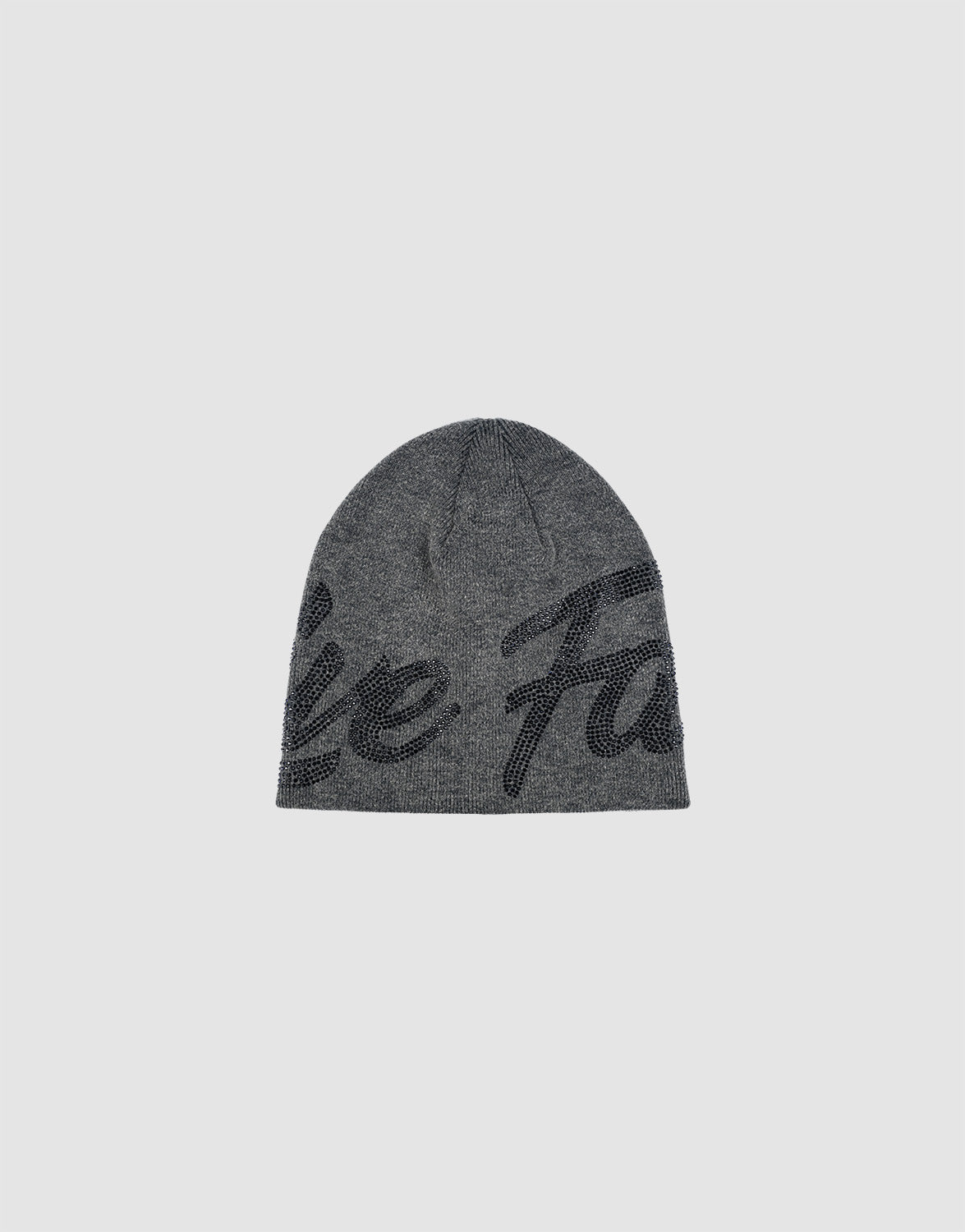 The LFDY Jacquard Rhinestone Beanie by LIVE FAST DIE YOUNG features black cursive lettering and subtle rhinestones on a gray knit, shown against a plain light gray background.| plain