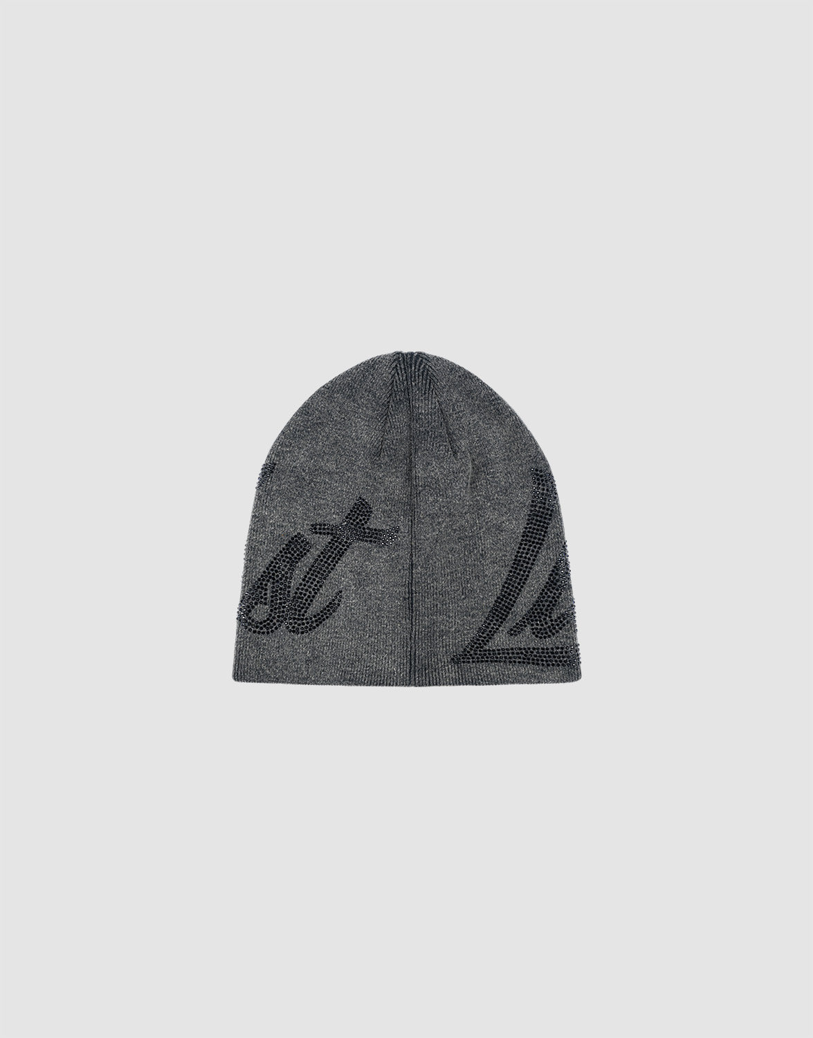 The LFDY Jacquard Rhinestone Beanie by LIVE FAST DIE YOUNG is a gray knit beanie with a bold black logo design partially visible on the front, set against a plain light gray background.