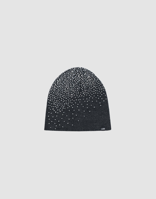The LFDY Rhinestone Beanie by LIVE FAST DIE YOUNG is a black 100% Baumwolle knit beanie, featuring scattered white rhinestones in a gradient pattern from top down, shown against a plain light gray background. 