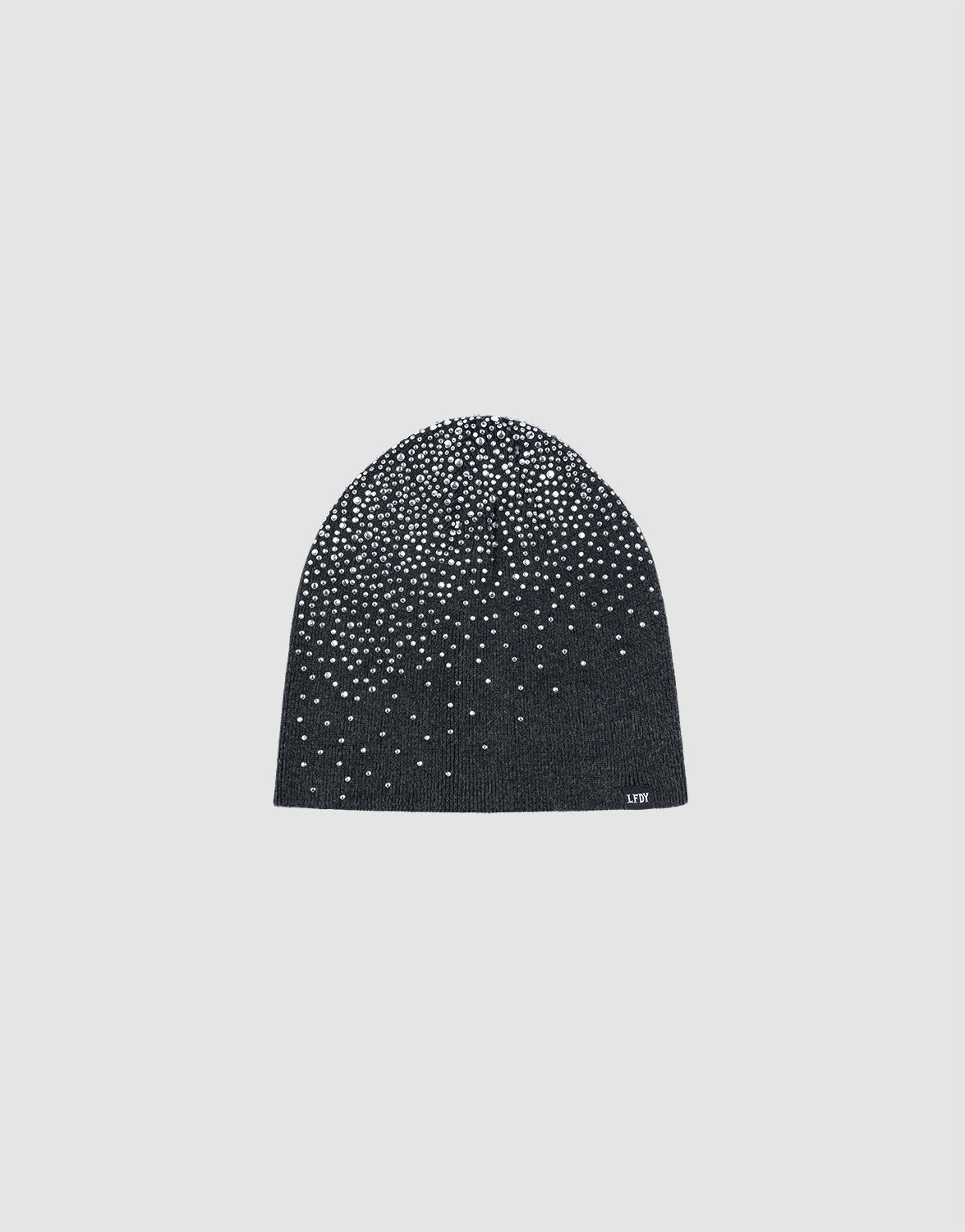 The LFDY Rhinestone Beanie by LIVE FAST DIE YOUNG is a black 100% Baumwolle knit beanie, featuring scattered white rhinestones in a gradient pattern from top down, shown against a plain light gray background.| plain