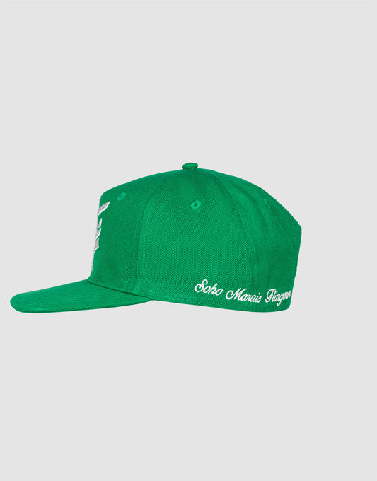 Die LF Rhinestone Cap von LIVE FAST DIE YOUNG ist ein grünes Baseballcap aus Baumwolle mit flachem Schirm und seitlichem weißem „Soho Maaaa’s Tingzzz“-Logo-Stick. Hinten schlicht, auf lichtgrauem Hintergrund präsentiert.
