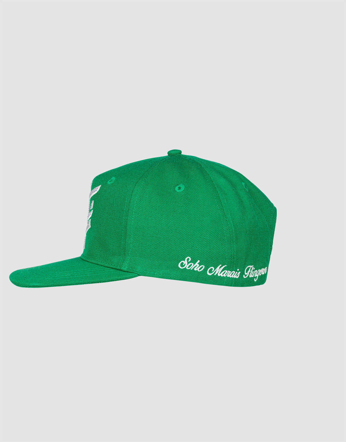 Die LF Rhinestone Cap von LIVE FAST DIE YOUNG ist ein grünes Baseballcap aus Baumwolle mit flachem Schirm und seitlichem weißem „Soho Maaaa’s Tingzzz“-Logo-Stick. Hinten schlicht, auf lichtgrauem Hintergrund präsentiert.