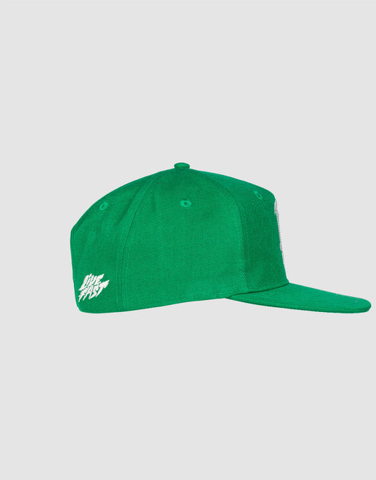 A green LF Rhinestone Cap by LIVE FAST DIE YOUNG with a flat brim and white logo embroidery on the side and front, shown against a plain light gray background.
