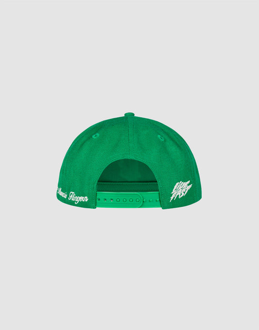 The LF Rhinestone Cap by LIVE FAST DIE YOUNG is shown from the back. It features white logo embroidery on both sides and an adjustable strap at the center, all set against a plain light gray background.
