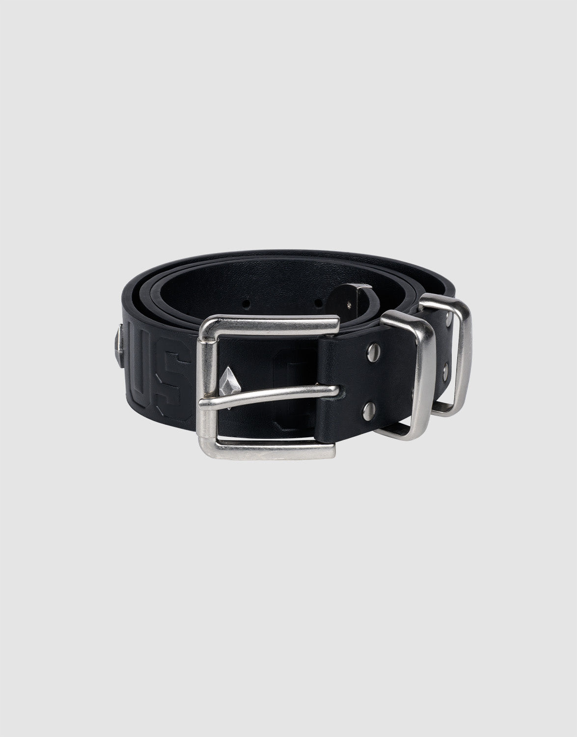 The LFDY Signature Belt by LIVE FAST DIE YOUNG, in black, is rolled up with a rectangular silver buckle and stud accents, displayed on a light gray background.| plain