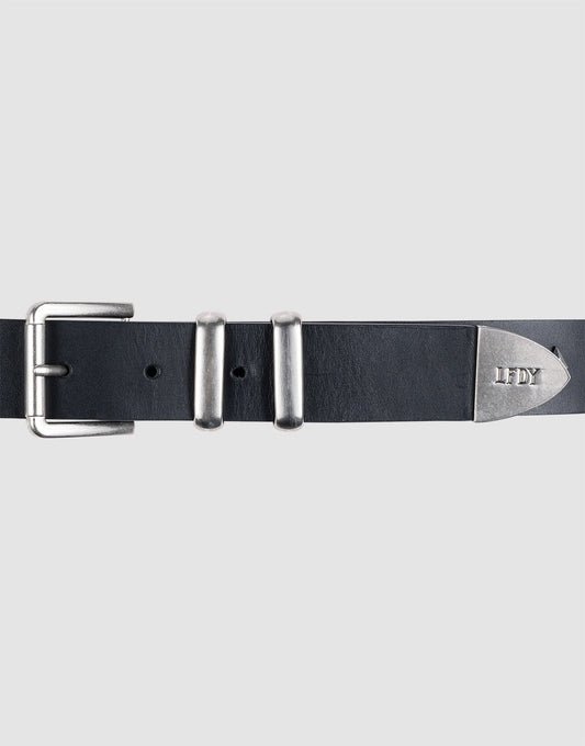 The LFDY Signature Belt by LIVE FAST DIE YOUNG is a black leather belt with a silver buckle, two silver loops, and a silver tip stamped with "LDY," shown on a light gray background.